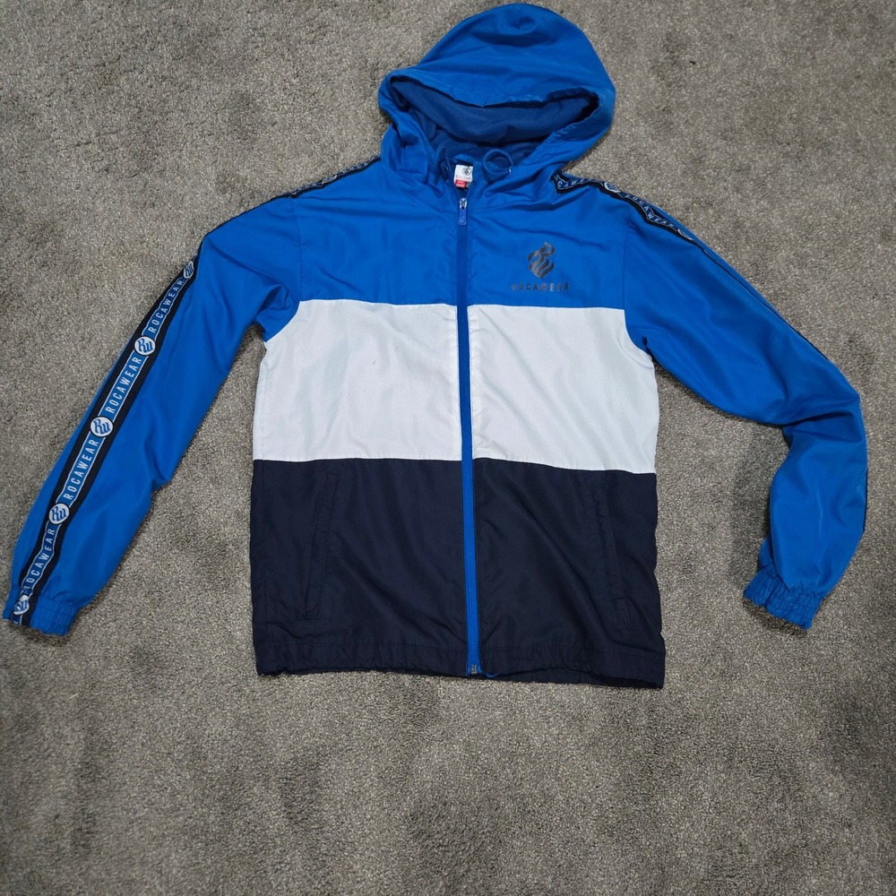 Rocawear Windbreaker Jacket Full Zip Hooded Logo‎ Tape Trim Blue White S